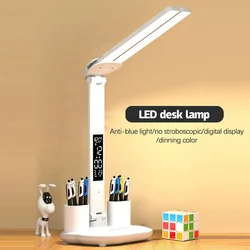 LED Desk Lamp USB Dimmable Touch Foldable Table Lamp with Calendar Temperature Clock Night Light for Study Reading Lamp