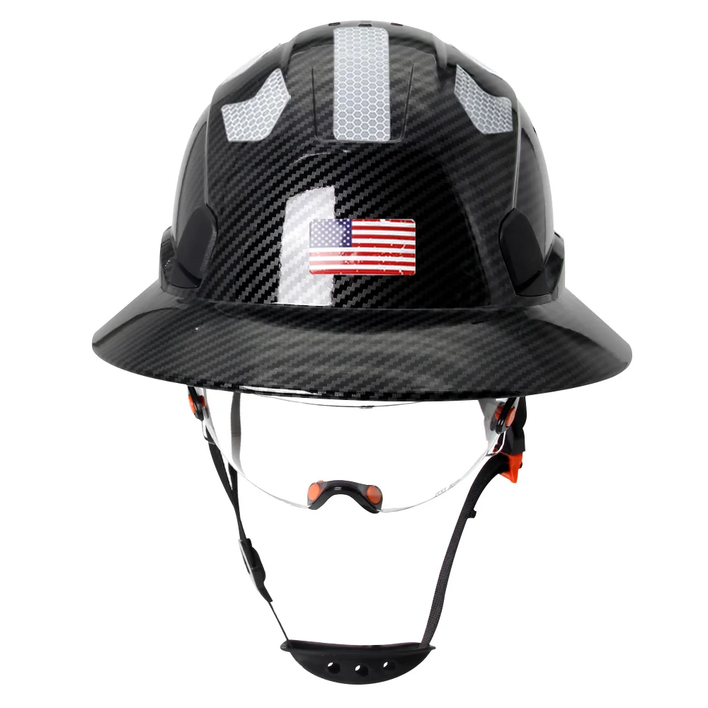 Carbon Fiber Pattern Full Brim Hard Hat safety helmet With CE Goggles For Engineer Construction Safety Helmet HDPE HardHat Suspension 6 Point