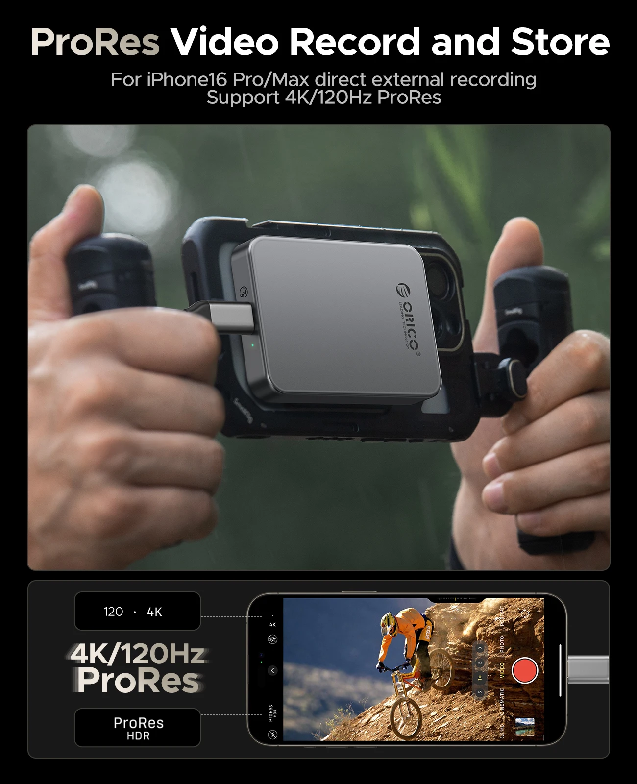 ORICO 마그네틱 휴대용 SSD 4K 120fps ProRes HDR 녹화 및 저장 장치 (아이폰 17, 15 Pro Max 호환) 최대 460MB/s 휴대용 솔리드 스테이트 드라이브