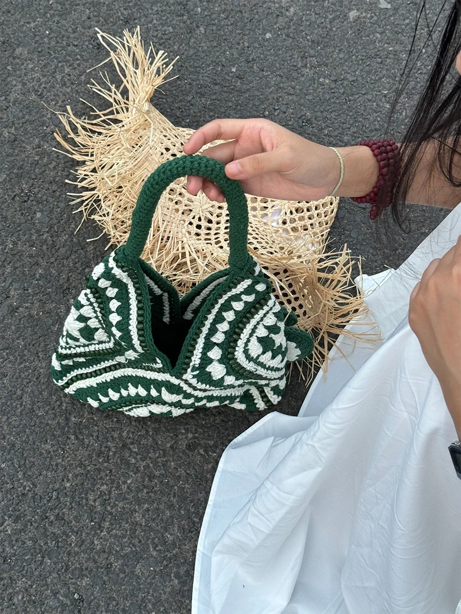 Bohemian Crochet Woven Bags for Women Handmade Knitted Shoulder Bag Summer Travel Designer Handbags Vacation Beach Bags Shopper
