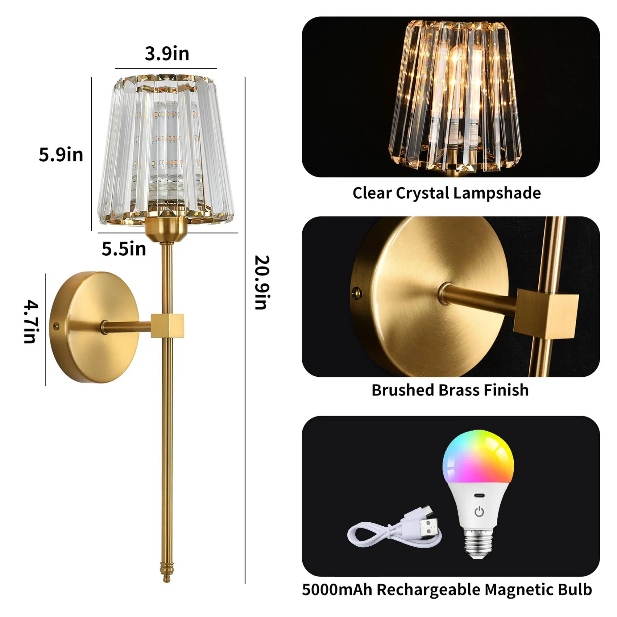 Battery operated crystal wall sconces set of 2 wireless wall light with rechargeable LED light bulbs for bedroom living room