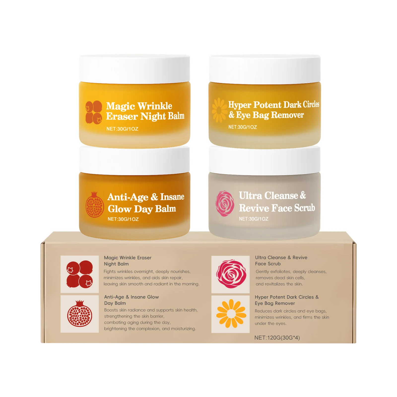 Revitalizing 4-in-1 Facial Care Set: Day & Night Balms, Eye Cream, Face Scrub - Perfect for Dull, Rough Skin and Travel
