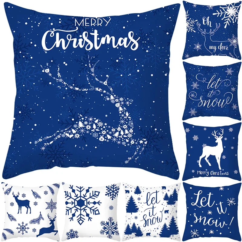 

Home Decoration Christmas Blue Printing Poly Poems Pillow Set Nordic Modern New Year Decoration Cushion Set funda de almohada