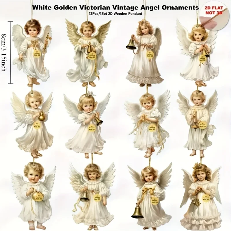 12pcs Vintage Christmas Angel Wooden Pendants 2
