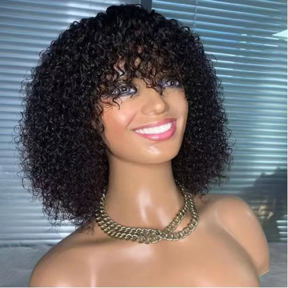 

100% Brazilian Human Hair Jerry Curly Wigs Full Machine Made Wig With Bangs Water Wave Remy Hair Short Bob Wigs For Black Women