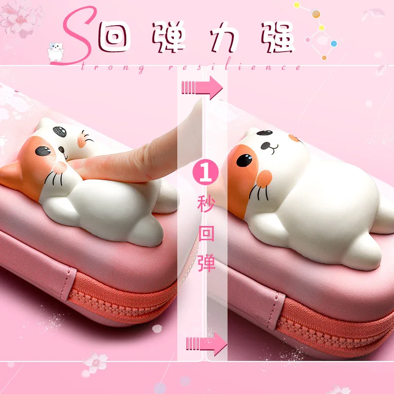 Adorable 3D Pencil Case Stationery Organizer School Supplies for Girls EVA Pink Pen Pouch Holder Kawaii Eraser Bag Squishy Cat