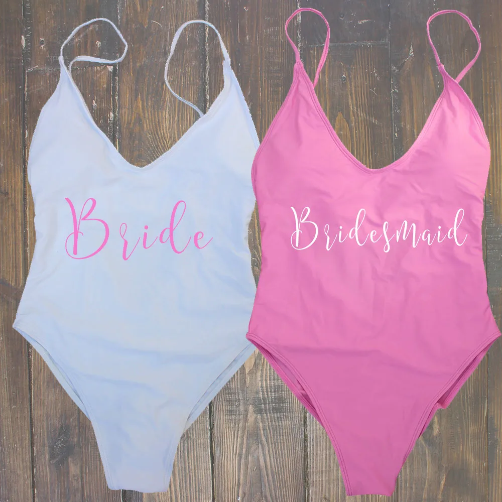 S-XL Bridesmaid & Bride Thong Padded Sexy One-Piece Swimsuit Women Beaches Swimwear Backless Bather Suit Monokini Beachwear