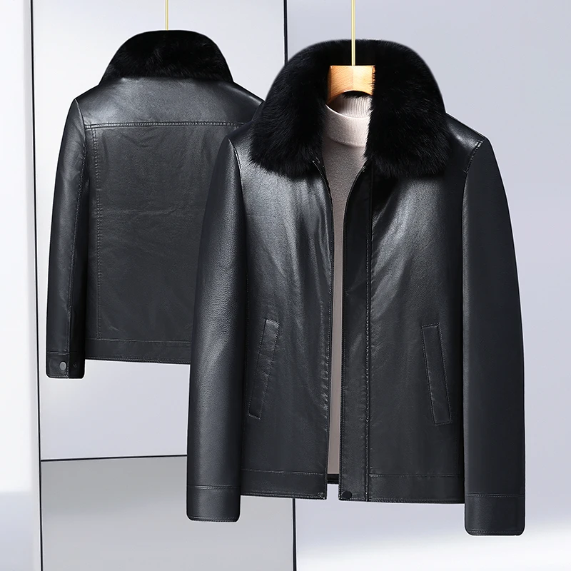 

2024 High-end Plus Fat Plus Size Middle-aged Fur Collar Down Inner Liner Can Be Removed Leather Men's Casual Dad Leather Coat