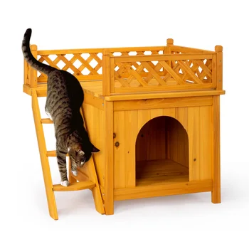 2-Story Wooden Feral Cat House Dog House for Outdoor and Indoor, Pet House with Stairs, Yellow 3