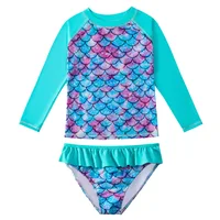 European And American Style Girls Long Sleeves Split Bathing Suit 3-9Years Kids Bikini Mermaids 3D Print Sunscreen Swimsuits 2