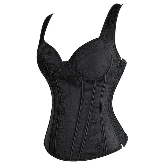 Black Overbust Corset for Women Vintage Steampunk Lace Up Jacquard Top - Image 2