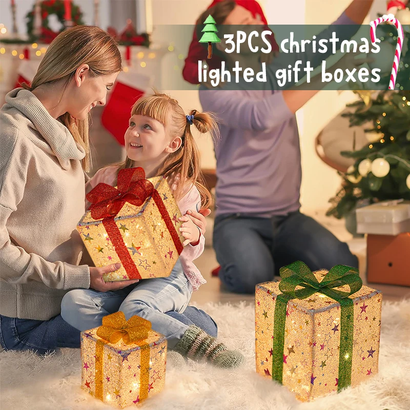 3PcsChristmasLightedGiftBoxesRemoteControlLEDLightUpChristmas