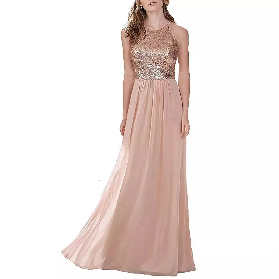 

2 Style Rose Gold Bridesmaid Dresses A Line Spaghetti Backless Sequins Chiffon Long Beach Wedding Gust Dress Maid of Honor Gown