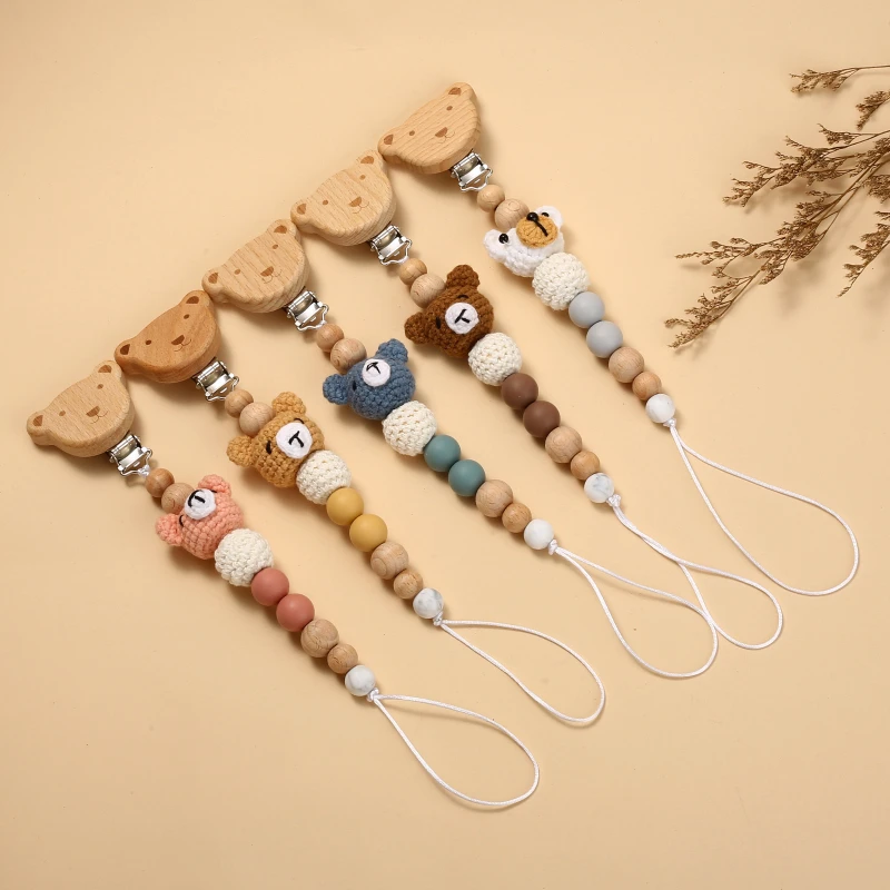 Baby Beech Wood Pacifier Clip Cartoon Animal Crochet Beads Silicone Nipple Chain For Teether Nursing Toys Baby Pacifier Chain 3