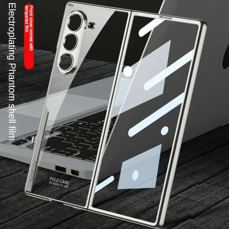 Ultra Thin Electroplating Transparent Case with Tempered Film and Shockproof Hard Back Cover