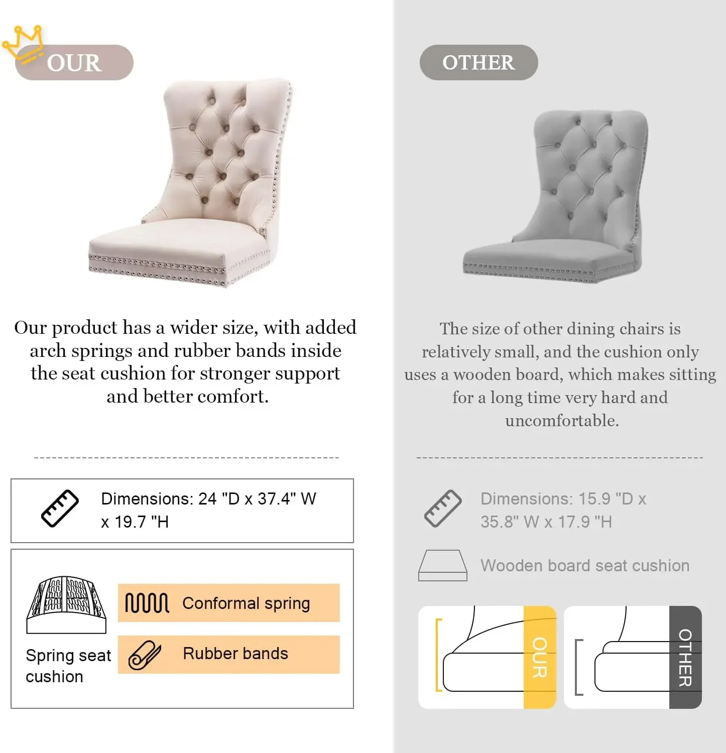 Tufted Dining Chairs Set of 6, Velvet Upholstered Dining Chairs with Nailhead Back and Ring Pull Trim, Solid Wood Dining Chairs 4