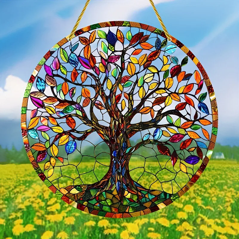 Stained Glass Window Wall Hanging Ornament With Gold Rope Round Tree Of Life Suncatcher Home Decoration Housewarming Gifts 3