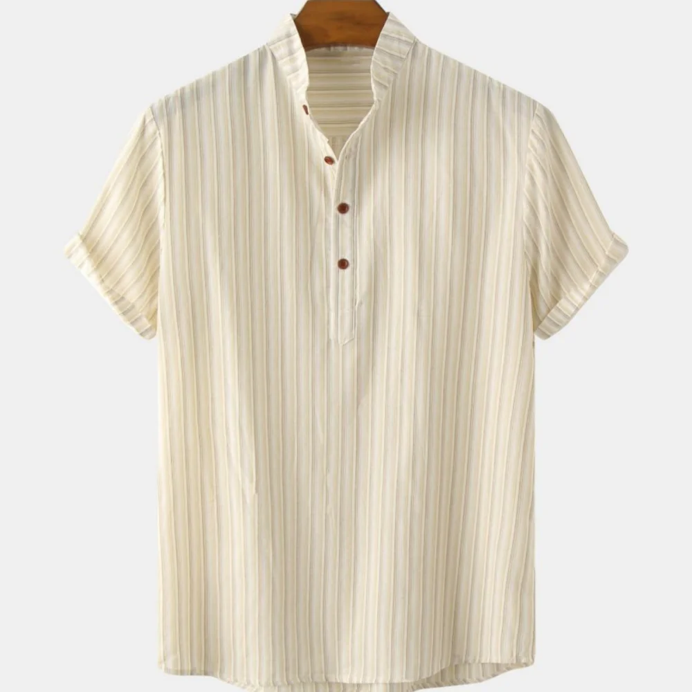 Men's Summer Striped 3D Printed Henley Shirts Fashion Oversized Button Stand Collar Short Sleeve T Shirt Tees Tops