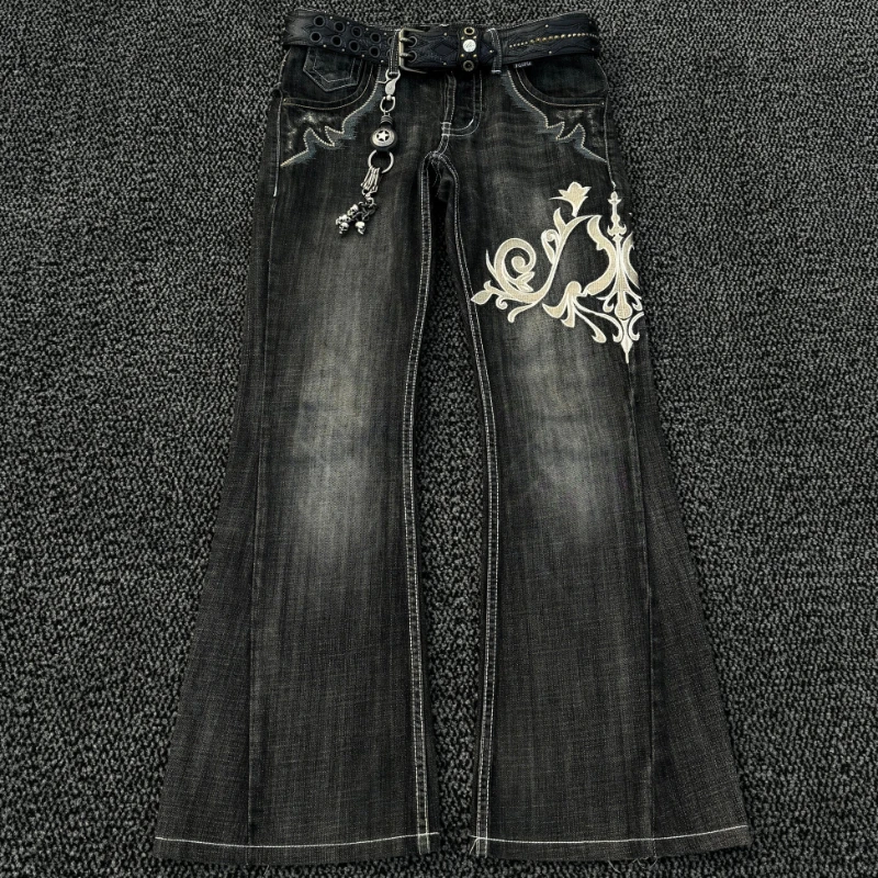 HOUZHOU Vintage Embroidery Patchwork Women Flared Jeans Y2k Harajuku Wide Leg American Style Denim Pants Baggy Punk Streetwear