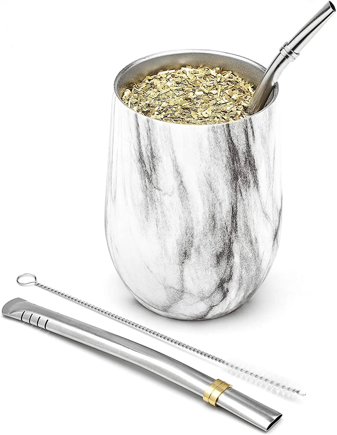Modern Mate Cup and Bombilla Set (Yerba Mate Cup) -Yerba Set Double Walled 18/8 Stainless Steel
