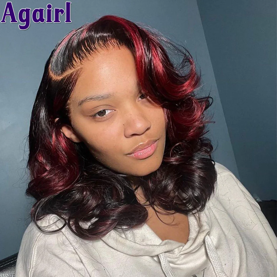 

Highlight Red 13X4 Bob Human Hair Lace Frontal Wig 180 Density Brazilian Virgin Short Bob Body Wave Lace Frontal Wig Pre Plucked