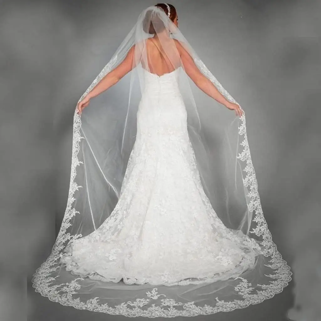 

Wedding Accessories Appliques Tulle Long Cathedral Veils Lace Edge 3 Meters