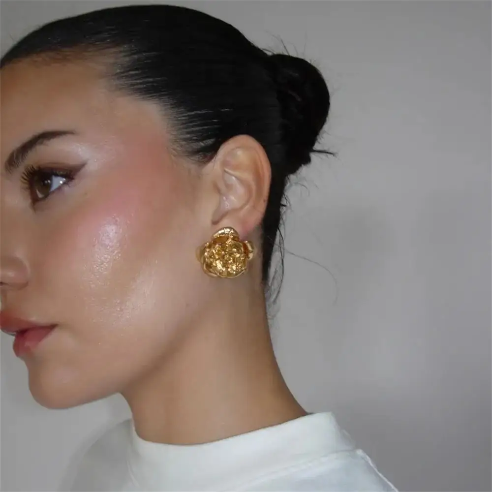18K Gold Plated Vintage Multilayer Petals Metal Flower Stud Earrings Women Rust Proof 3D Roseflower Studs Bijoux Stylish Aretes