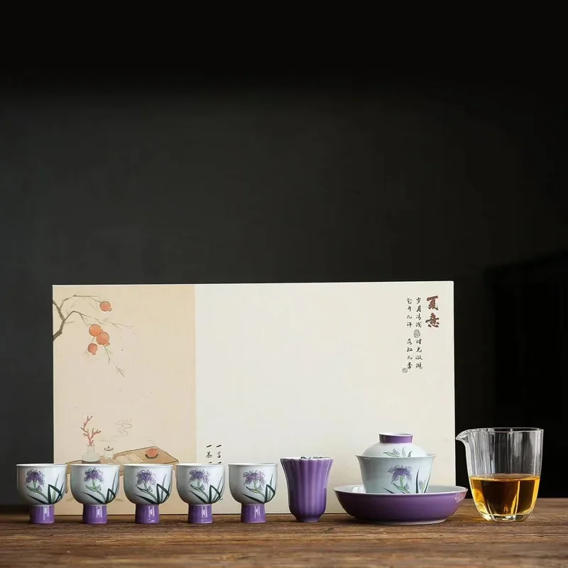 

Hand-painted hibiscus purple iris flower cover bowl Ceramic kung fu tea set small tall tea cup home office guest gift box
