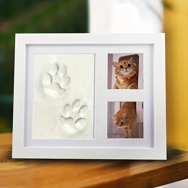 Pet Pawprint Keepsake Kit & Picture Frame Premium Wooden Photo Frame Dog or Cat Clay Mold for Paw Print & Bonus Stencil