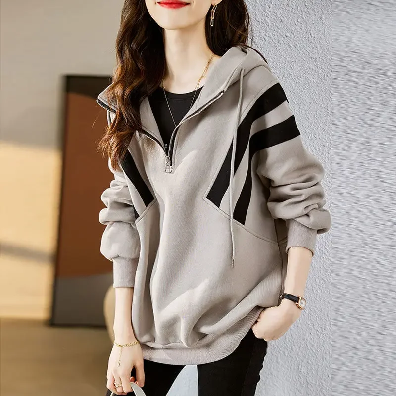 

Sport Hooded Baggy Full Zip Up Sweatshirts for Women Hoodies Tops Grey with Zipper Loose Female Clothes Korean Fashion Essential