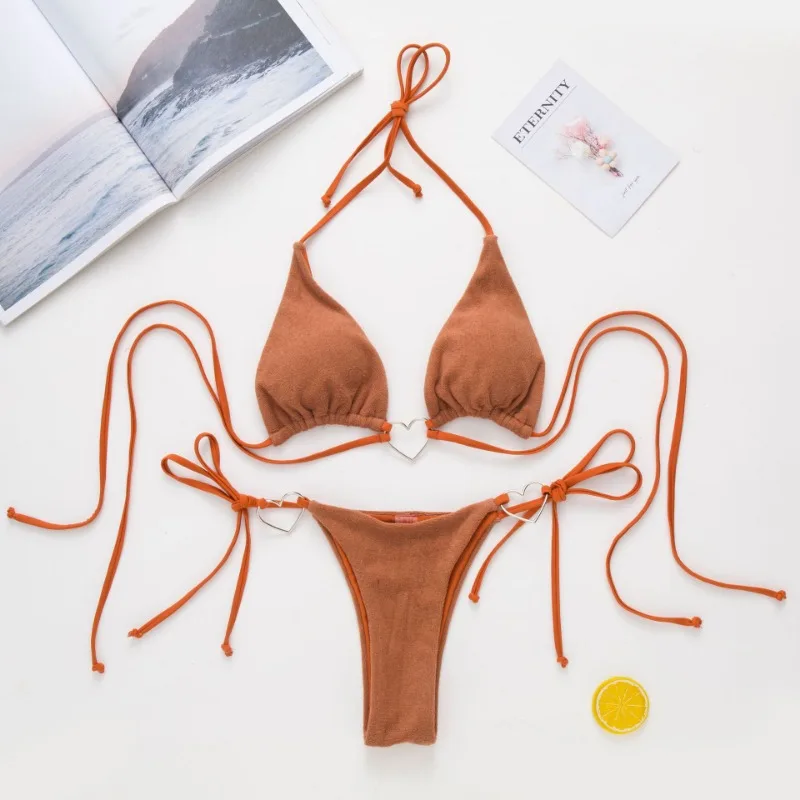 Summer Women Sexy Low Waist Swimsuit Two Pieces Push Up Tropical Solid Color Bikini