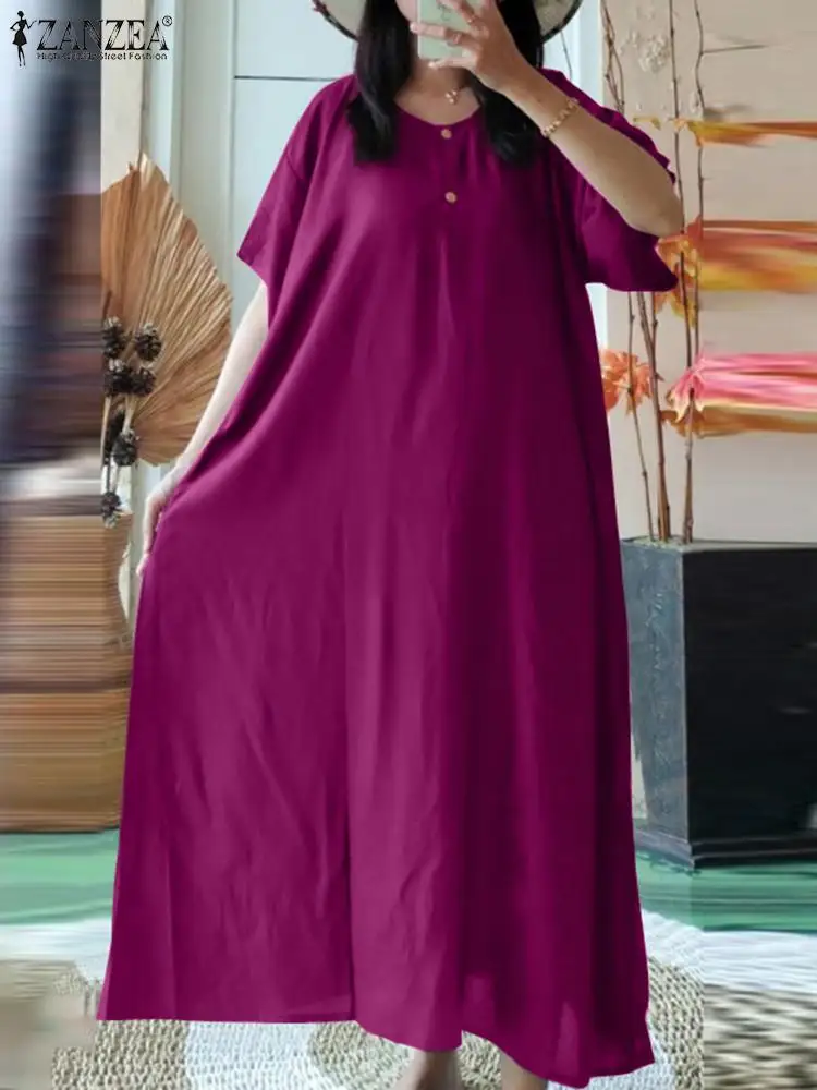 

ZANZEA 2023 Summer Vintage Robes Solid Color Simple Dresses Holiday Short Sleeve Vestidos Women Casual Loose Kaftan Midi Dress