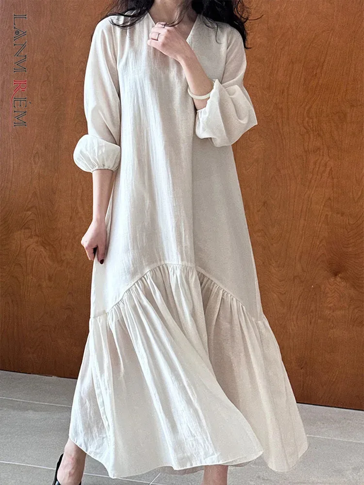 

[LANMREM] French Style Chiffon Pleated Dress For Women V Neck Long Sleeve Fishtail Dresses Fashion 2024 Spring New 26D8349