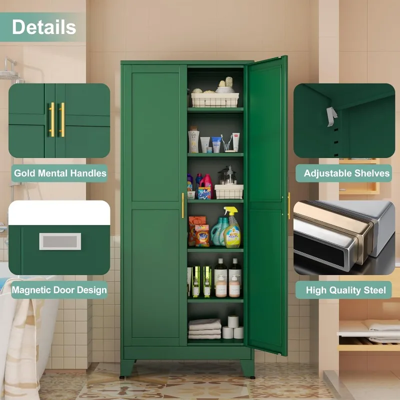 Metal Pantry Cabinet with 2 Doors and 5 Adjustable Shelves, 75" Kitchen Storage cabinets with Gold Handles, Versatile Storage