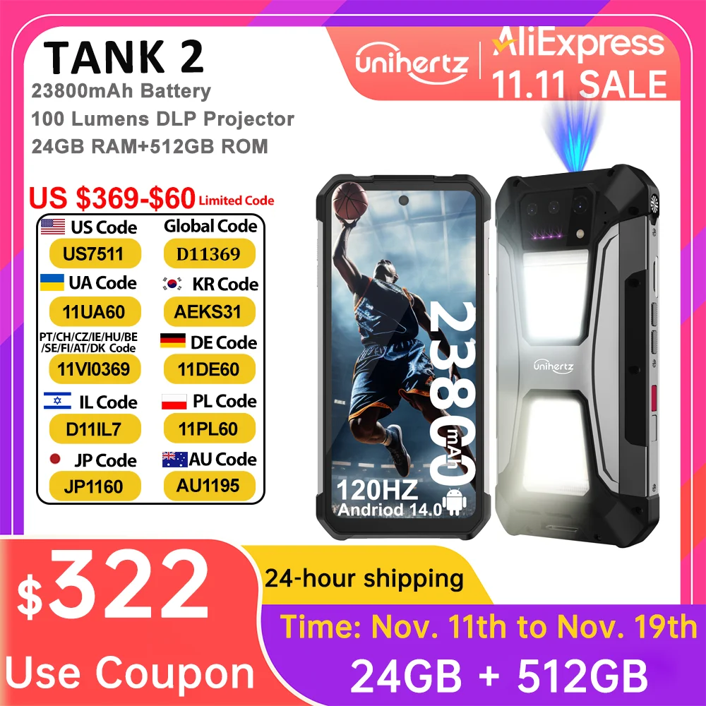 US EU MX Warehouse Unihertz 8849 Tank 2 PRO Rugged Smartphone with Projector,Android 14,24 + 256GB 23800mAh battery,120W charger
