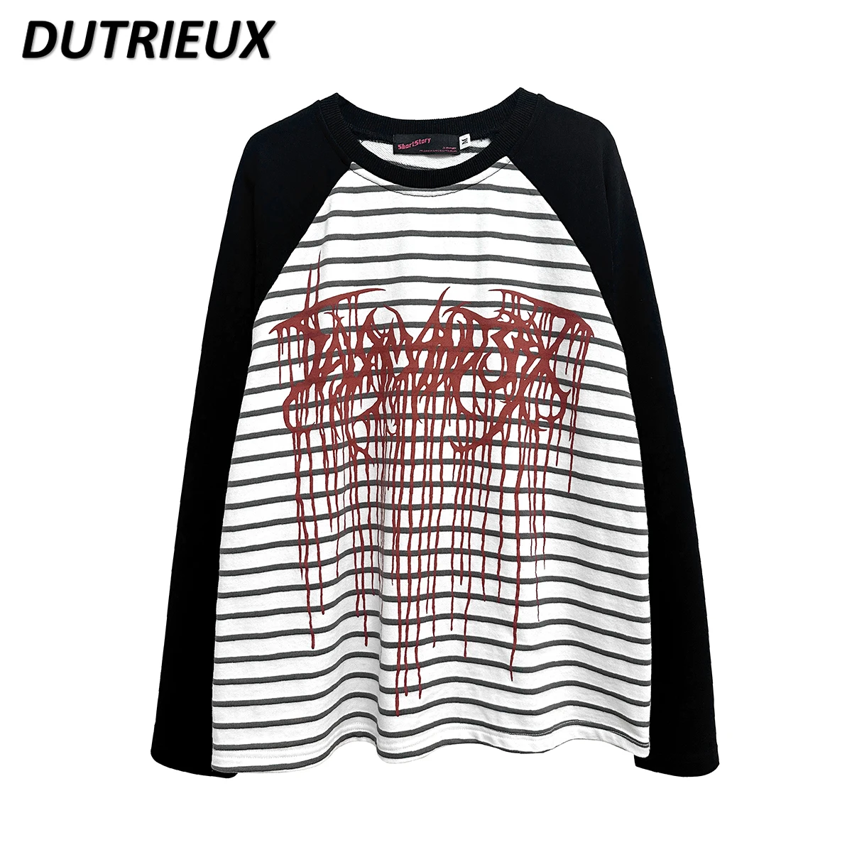 

Autumn and Winter New Raglan Long Sleeve Striped Sweatshirt Niche Neutral Street Punk & Rock Style Round Neck Top for Women