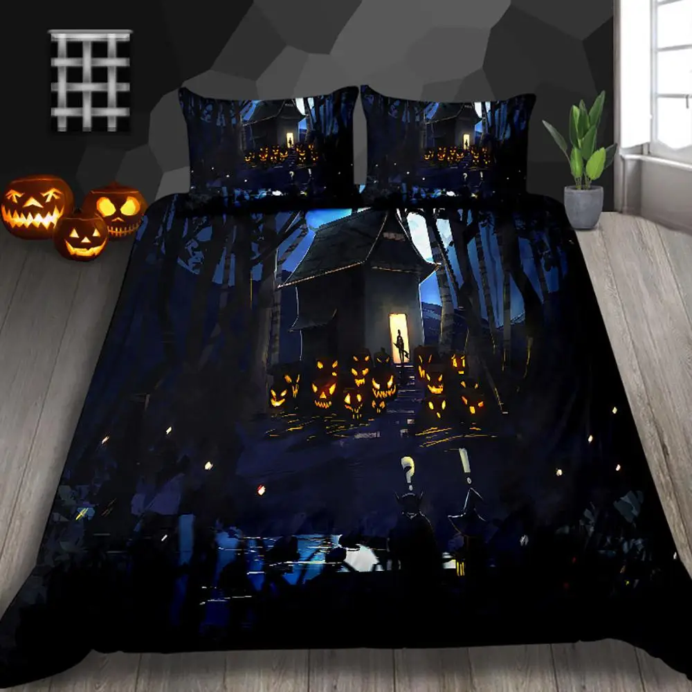 Vintage Haunted House Pumpkin Halloween Bed Set