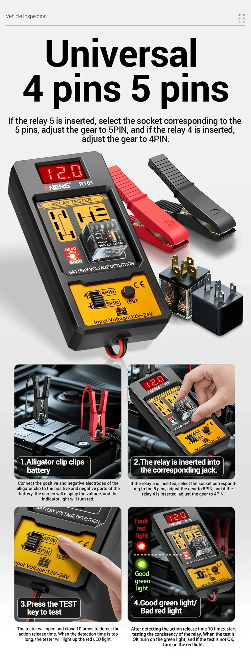 Car Relay Tester 11 - 25v Automotive Voltage Tester For Car Battery Check With L