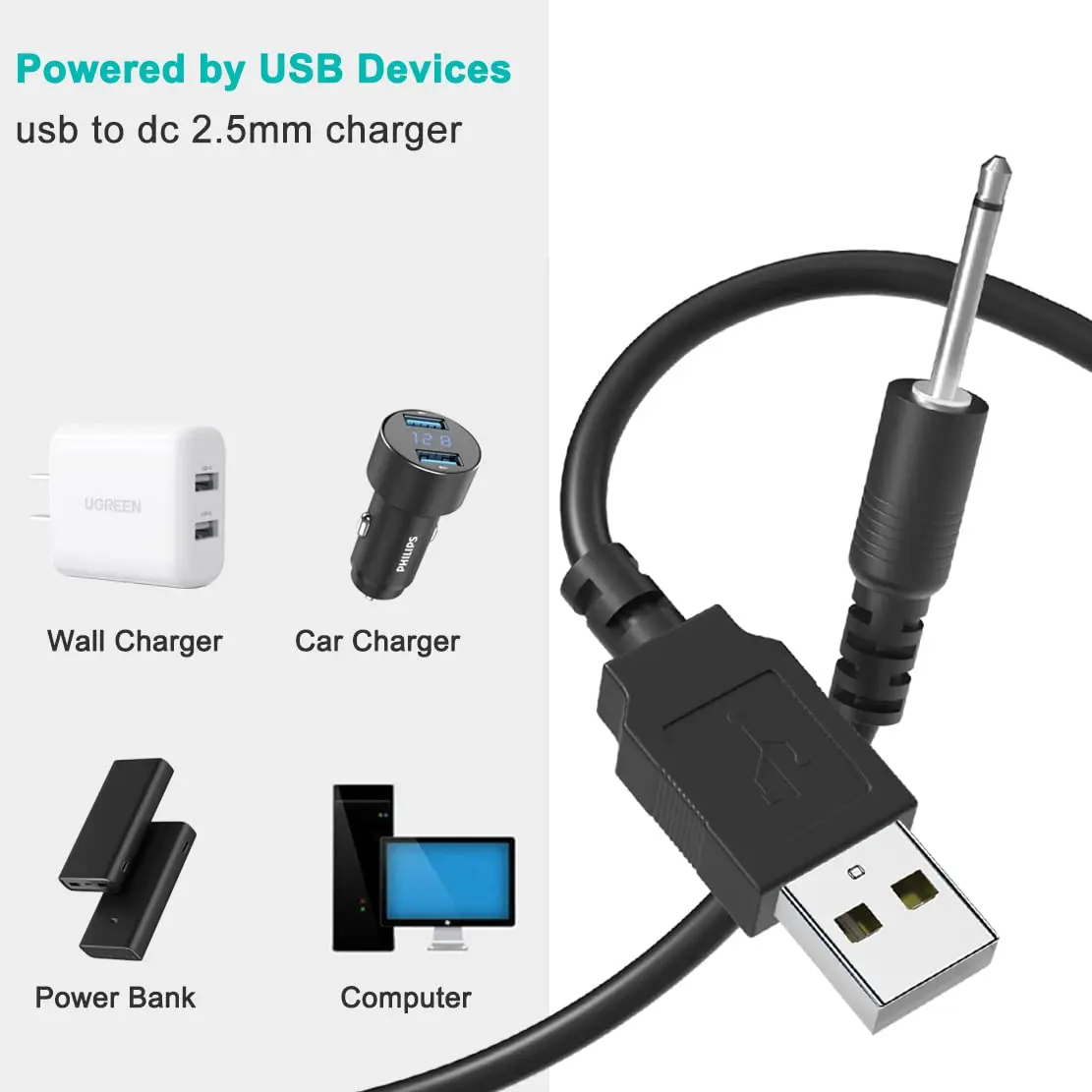 2 cavi di ricarica DC USB DC Cavo di ricarica USB 2.0 a 2,5 mm Solido ago Cavo di alimentazione 1 m Cavo di ricarica rapida per dispositivi con porta di ricarica