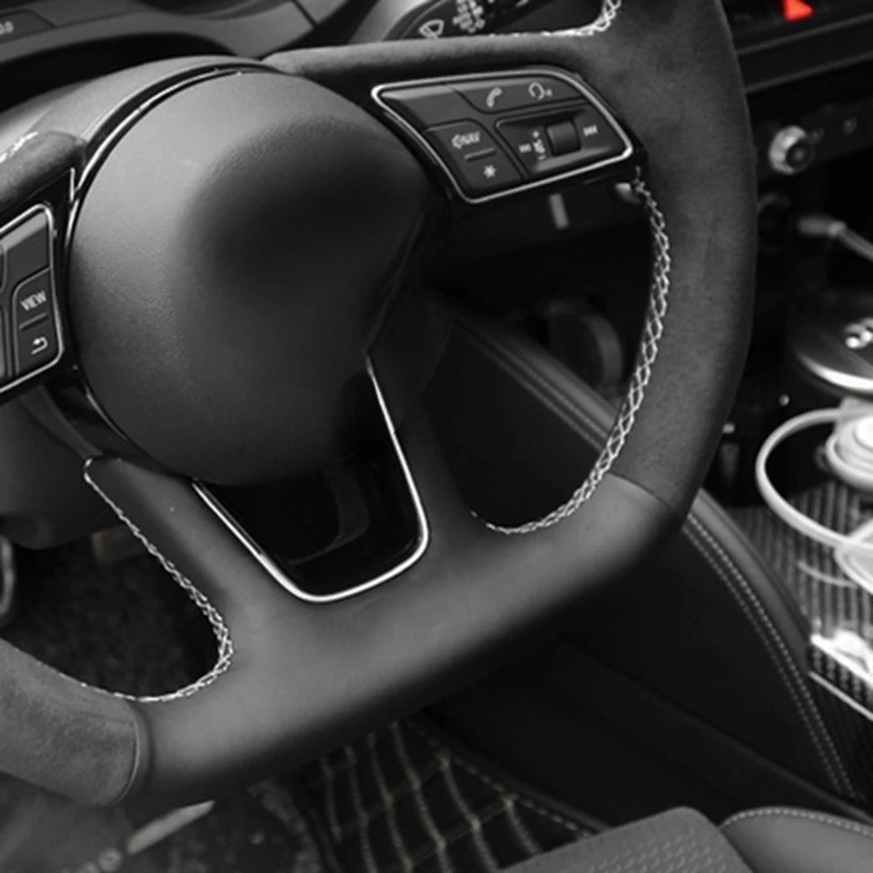 Handgenähter, rutschfester, schwarzer Lenkradbezug aus echtem Leder und Wildleder für Audi A6l, A3, A5, Q5l, Q3, Q7, A8, TT, Q2l, A4l – Detail 2