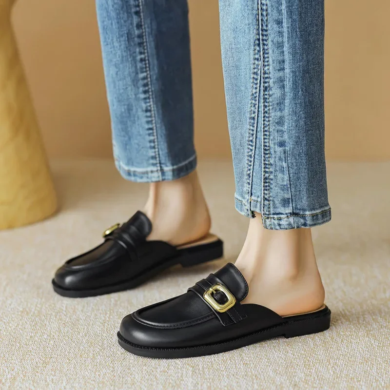 

2024 Summer Hot Sandals Women's Korean-Style Wedge Cattlehide Women's Slippers Height Increasing Flat Sandals Genuine Leather