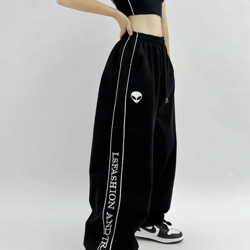 American Street Trend Black Printed Drawstring Sports Casual Pants Women Autumn Pocket Elastic Waist Straight Wide Leg Trousers