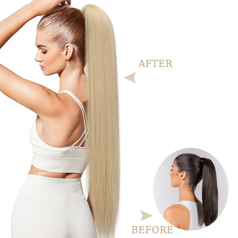 Synthetic 28Inch Long Straight Hair Ponytail Band Elasticity Rubber Band Hair Ring Ponytail Hair Extensions for Women