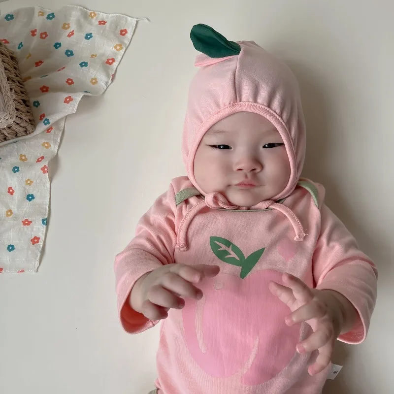 Korean Baby Bodysuit Lovely Peach Onesie Long Sleeve Kawaii Cute Fruit Printed Romper Cotton Soft Infant Baby Boy Girl Clothes - Image 4
