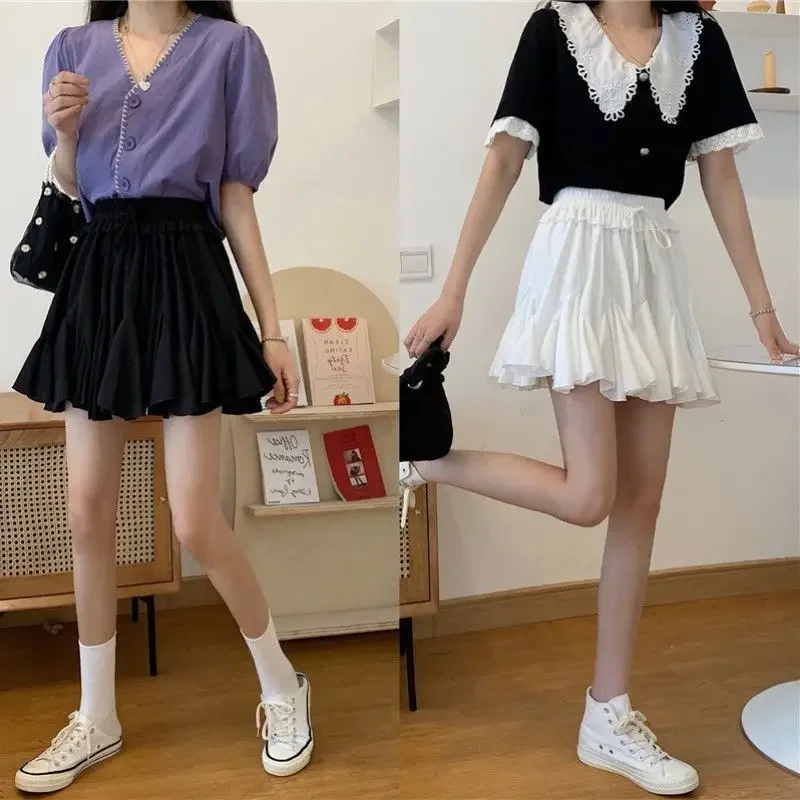 Skirts Women Sweet Chiffon Elegant Stylish Pleated Empire Elastic Waist Lace-up Ruffles A-line Ulzzang All-match Daily College