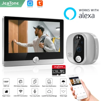 Jeatone 알렉사 투야 스마트 와이파이 비디오 구멍, 1080P, 158 ° 초인종 카메라, 4.3 인치 LCD 스크린, 24H PIR 움직임 감지 눈
