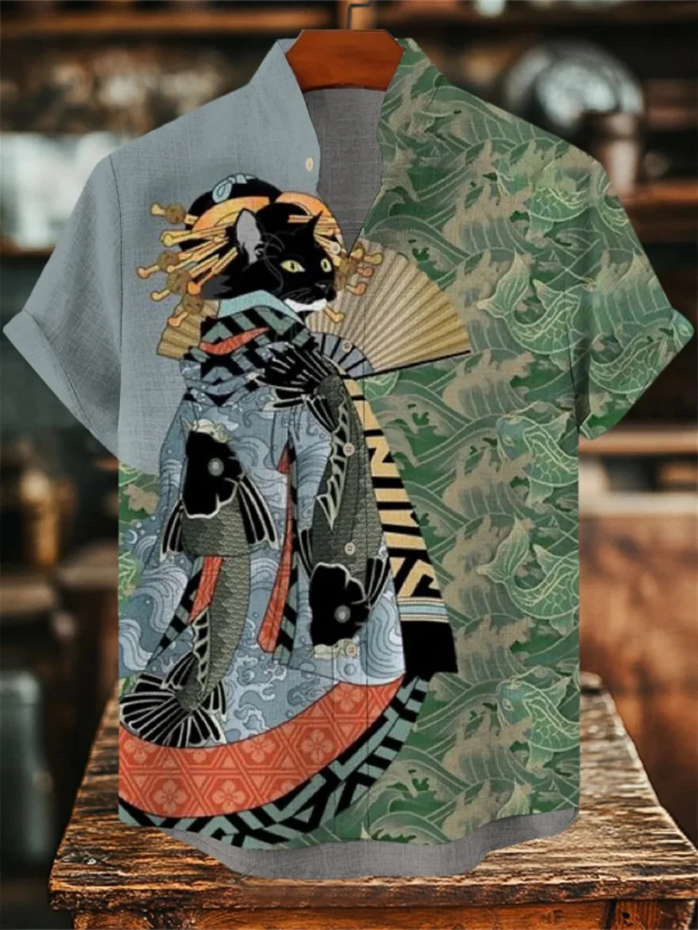 Men's mustard yellow short-sleeve linen shirt featuring a Japanese retro art print of a black cat dressed as a samurai holding a katana sword.