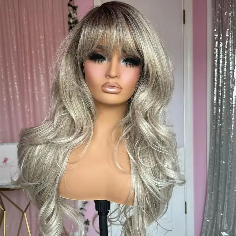 Bangs Wig light grey Ash Blonde Lace Wig Synthetic mix Human Hair Wigs Premium European Lace Top Fringe Natural