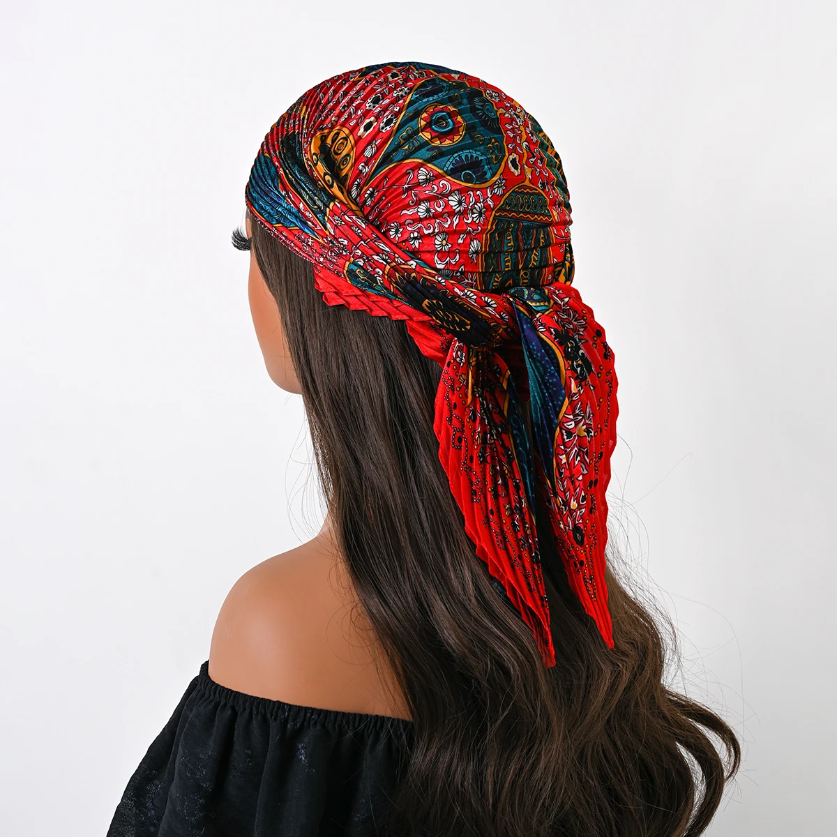 Bohemian Style Floral Print Women’s Square Pleated Silk Scarf Satin Head Wrap Tropical Leaf Flower Design Scarves Bandana Hijab