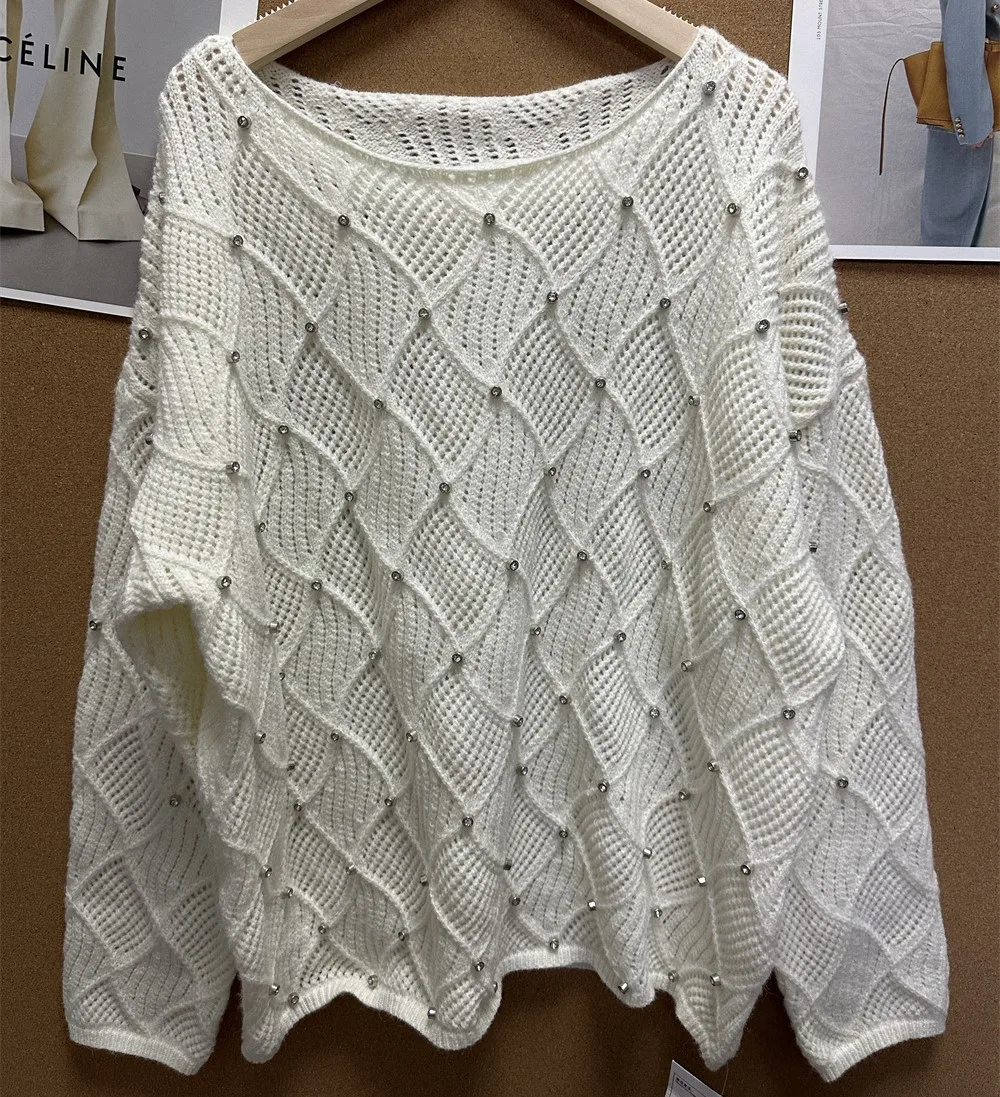 

Spring Autumn Diamonds Hollow Out Sweater Luxury Plaid Women Knit Pullover Long Sleeve Knitwear O Neck Cashmere Jumpers H225